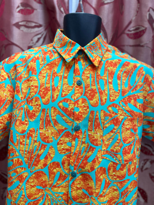 Short Sleeve Shirt - Orange & Aqua Floral Print