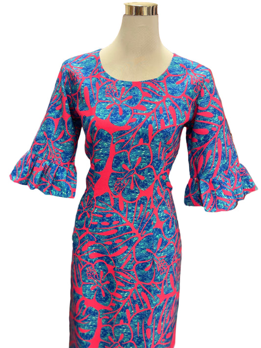 Straight Long Dress with Flare Sleeve - Pink and Blue