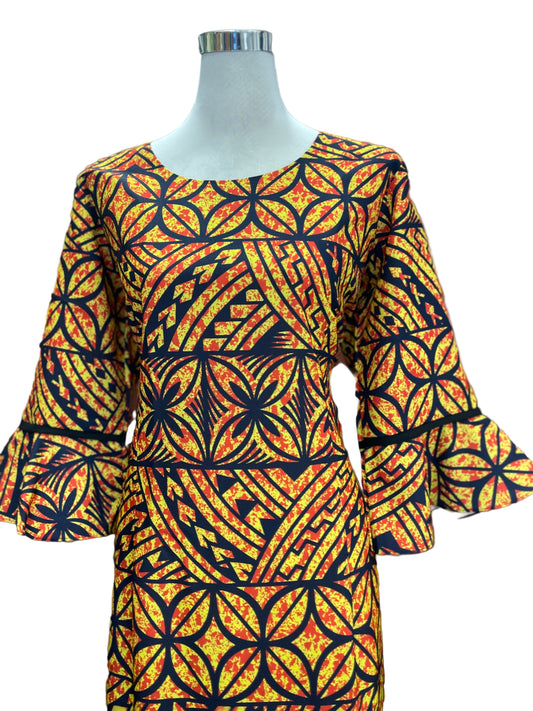 Straight Dress With Flare Sleeve - Yellow & Black