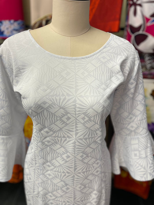White Long Dress with Flare Sleeves and Round Neck