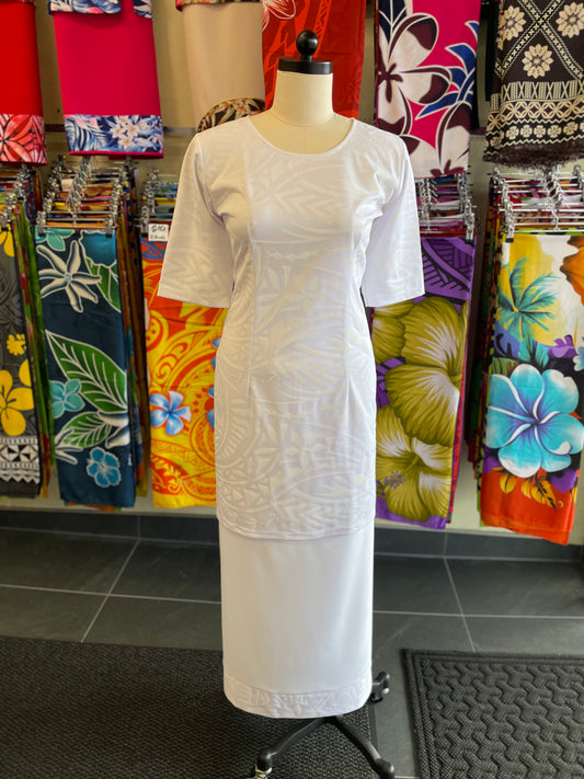 White Round-Neck Puletasi – With Matching Boarder Lavalava