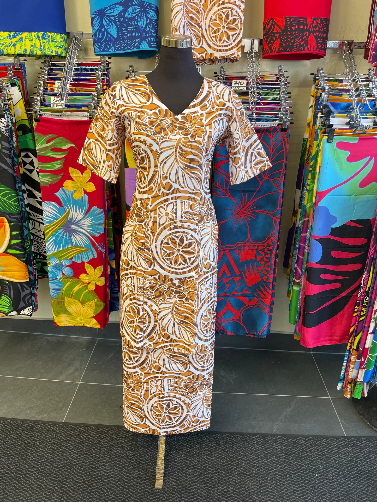 Elegant Brown & White Print Puletasi