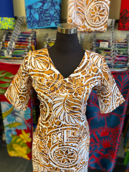 Elegant Brown & White Print Puletasi