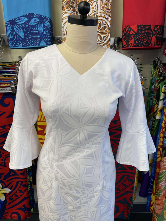 White Long Dress with Flare Sleeves and V-Neck