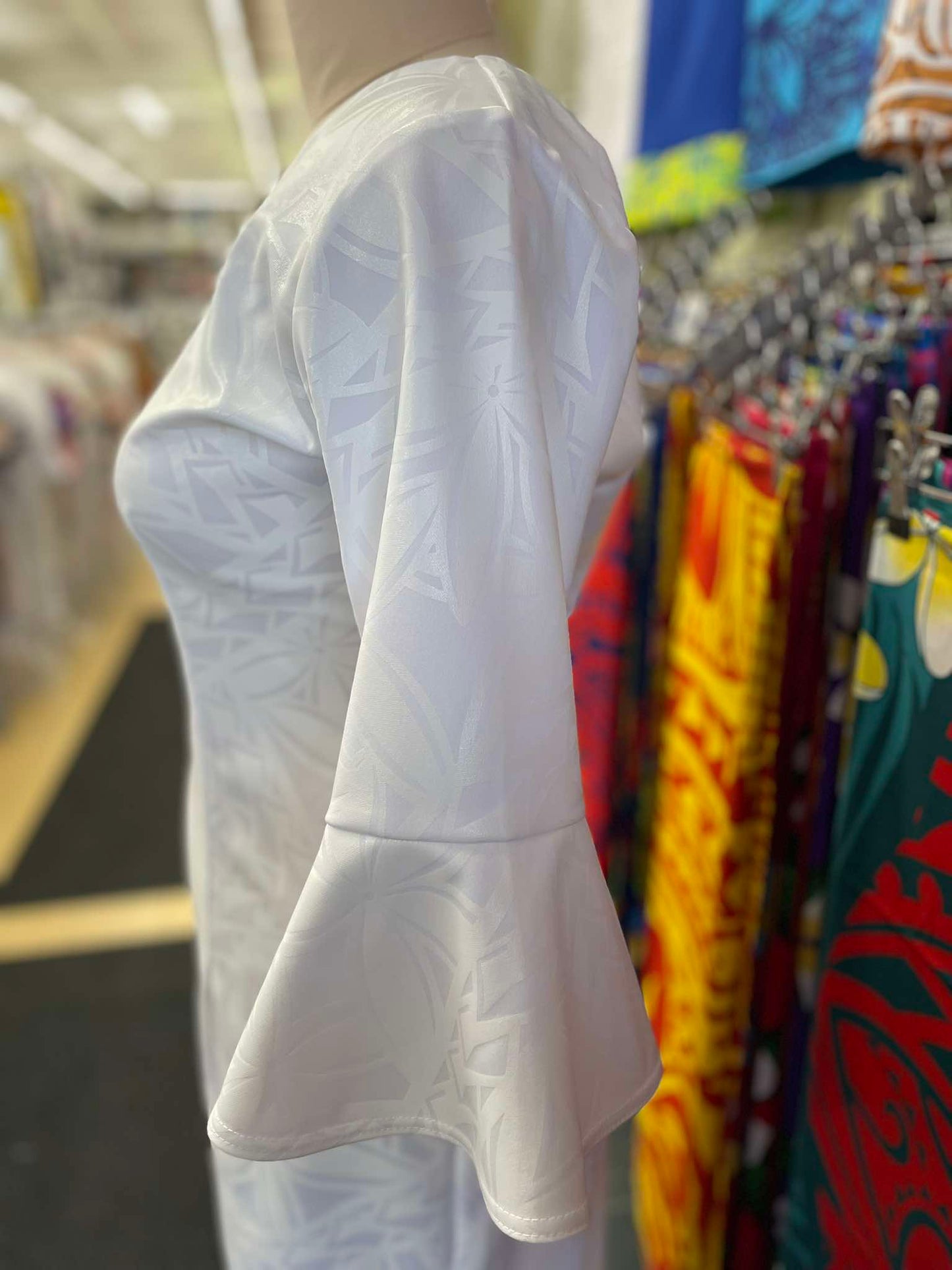 White Long Dress with Flare Sleeves and V-Neck