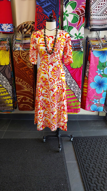 Island Bloom Cotton Dress – White & Sunset Orange