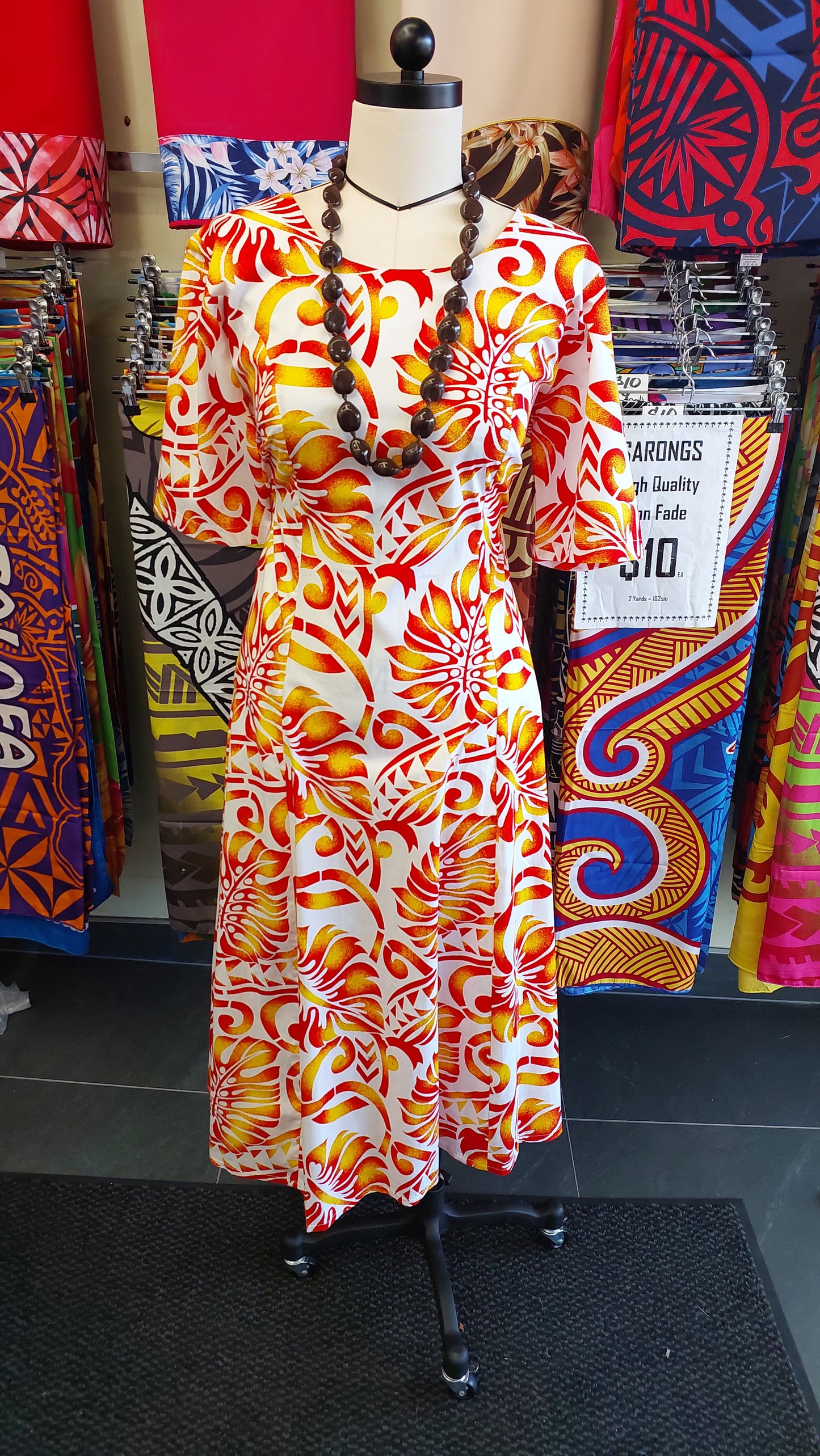Island Bloom Cotton Dress – White & Sunset Orange