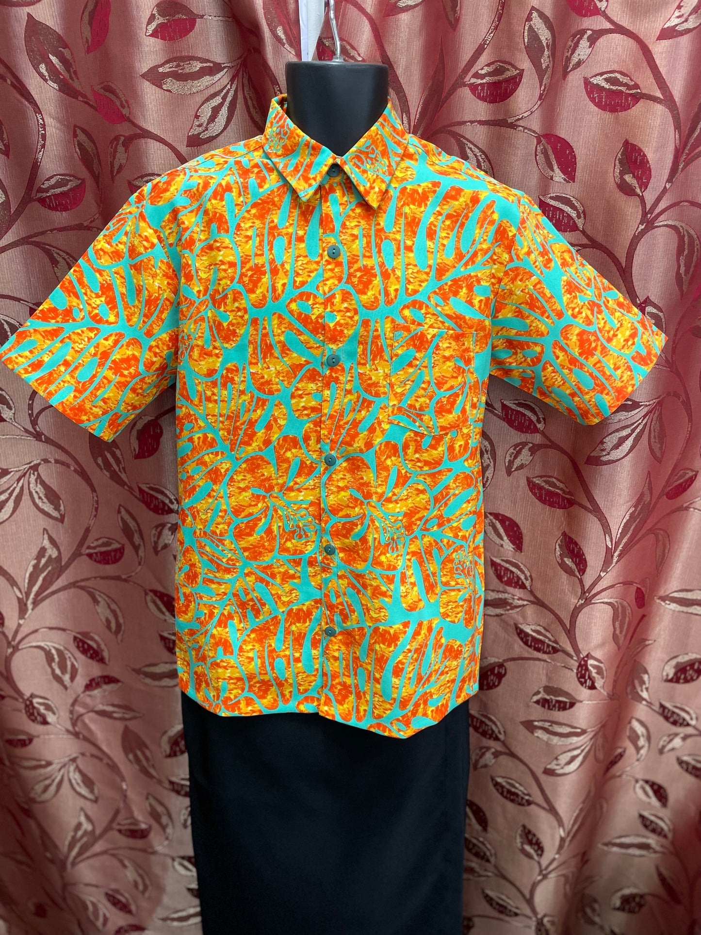 Short Sleeve Shirt - Orange & Aqua Floral Print
