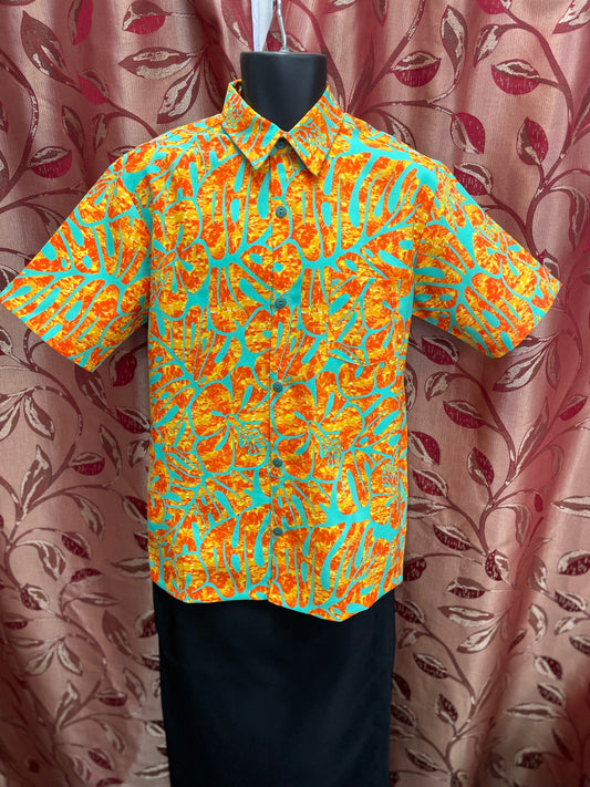 Short Sleeve Shirt - Orange & Aqua Floral Print