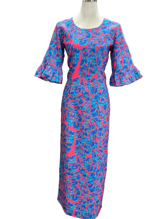 Straight Long Dress with Flare Sleeve - Pink and Blue