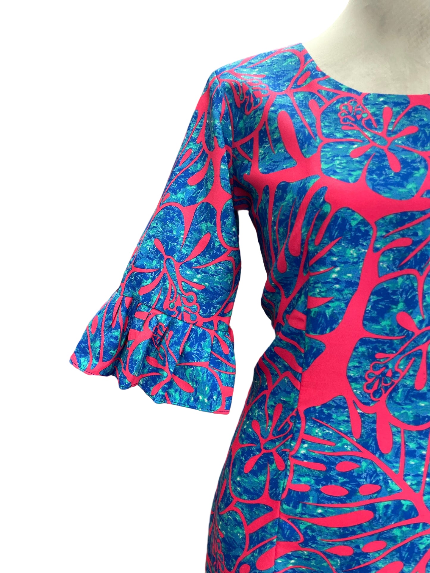 Straight Long Dress with Flare Sleeve - Pink and Blue