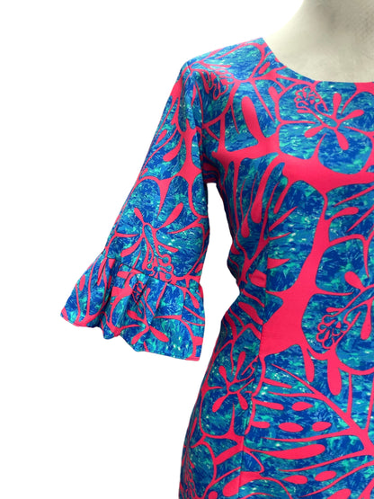 Straight Long Dress with Flare Sleeve - Pink and Blue
