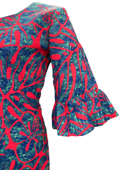 Straight Long Dress with Flare Sleeve - Pink and Blue