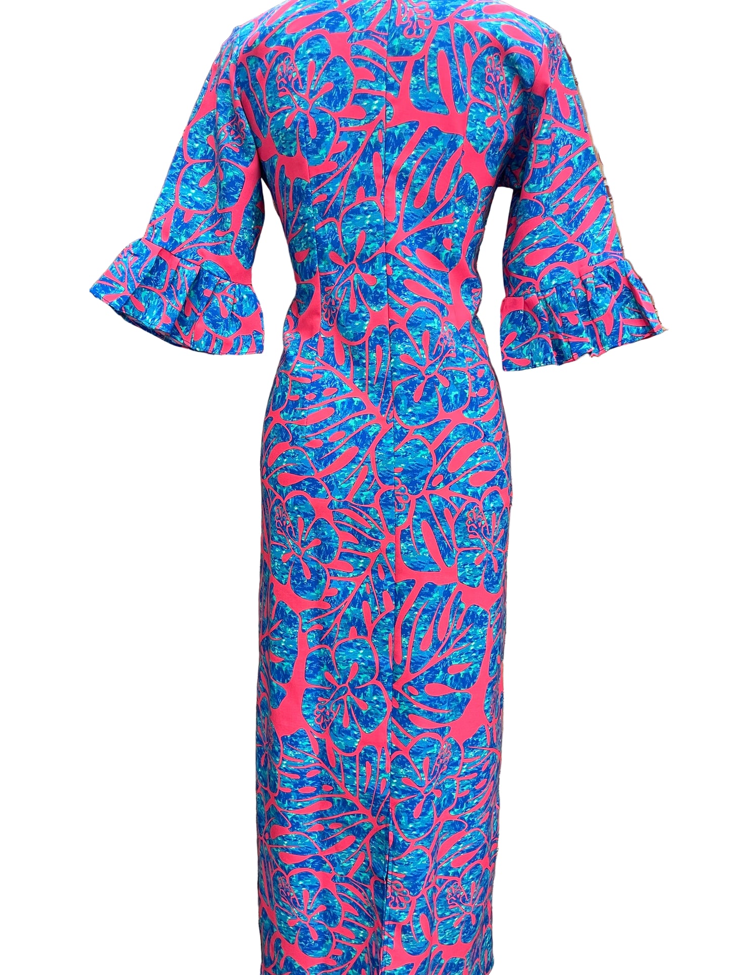 Straight Long Dress with Flare Sleeve - Pink and Blue