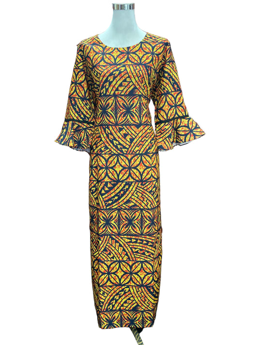 Straight Dress With Flare Sleeve - Yellow & Black
