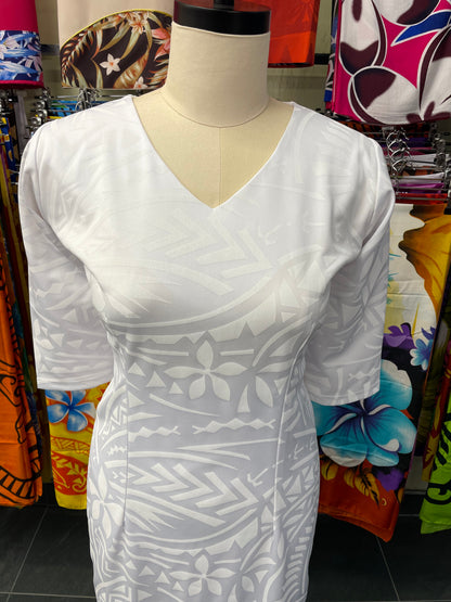 White V-Neck Puletasi – Refined Print Finish