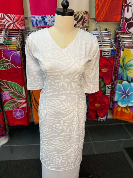 White V-Neck Puletasi – Refined Print Finish