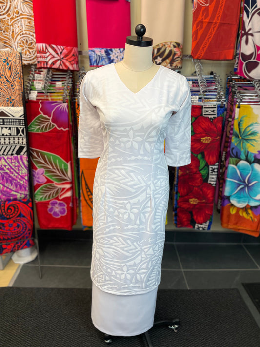 White V-Neck Puletasi – Refined Print Finish