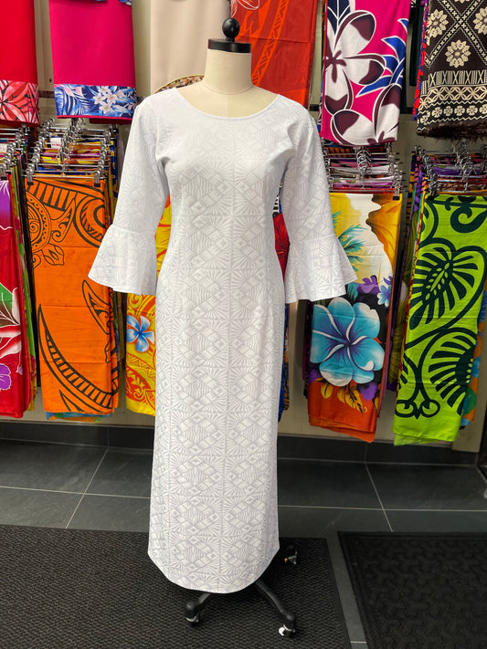 White Long Dress with Flare Sleeves and Round Neck