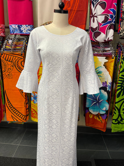 White Long Dress with Flare Sleeves and Round Neck