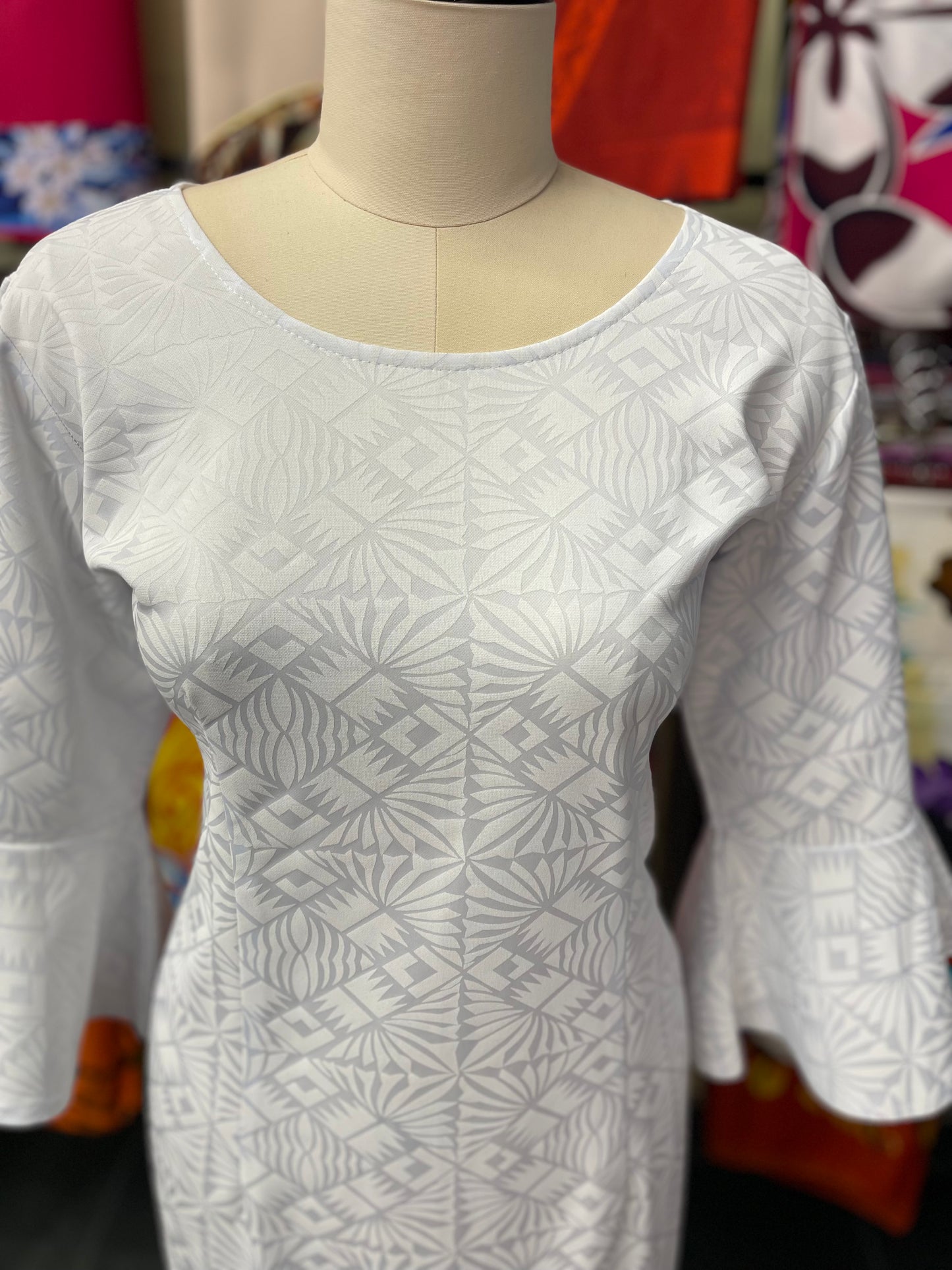 White Long Dress with Flare Sleeves and Round Neck