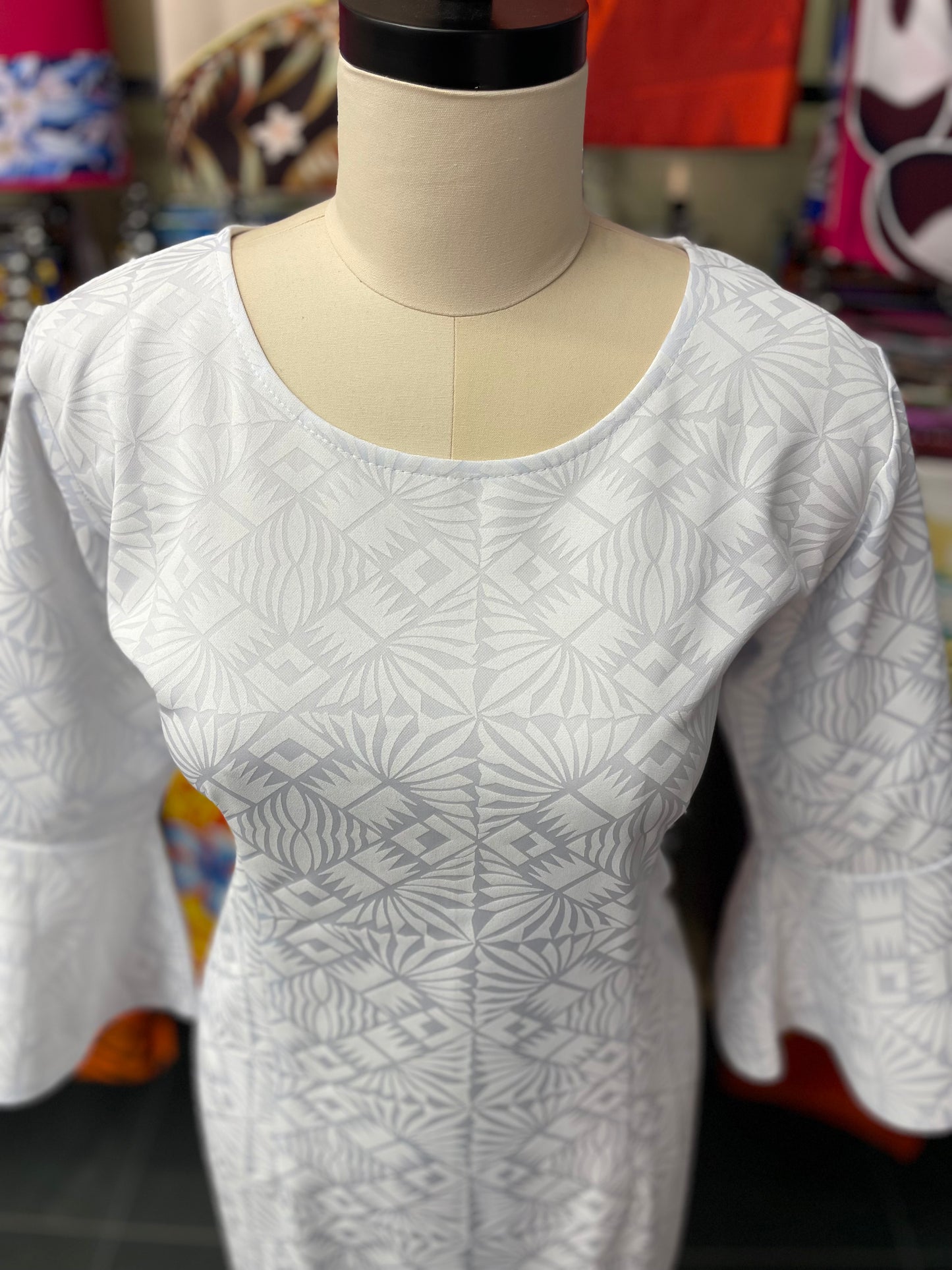 White Long Dress with Flare Sleeves and Round Neck