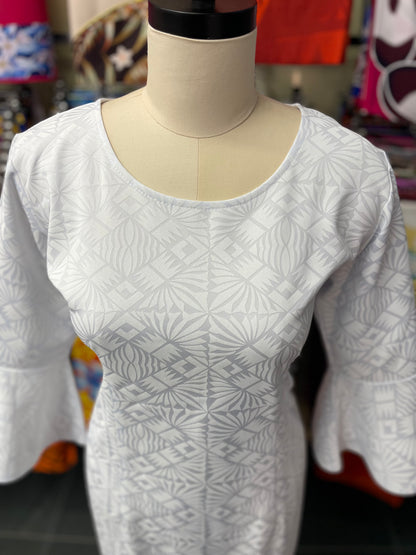 White Long Dress with Flare Sleeves and Round Neck