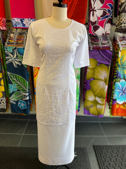 White Round-Neck Puletasi – With Matching Boarder Lavalava