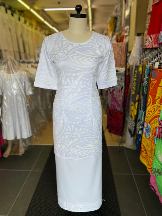 White Round-Neck Puletasi – With Matching Boarder Lavalava