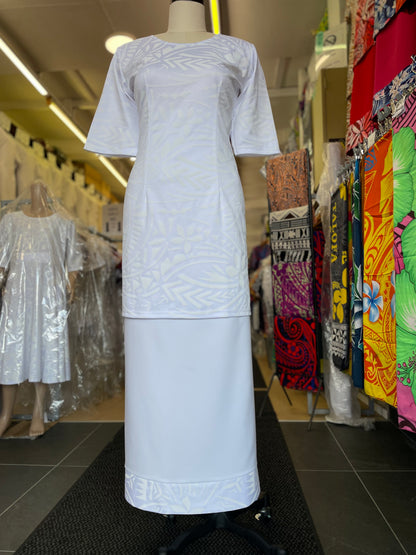 White Round-Neck Puletasi – With Matching Boarder Lavalava