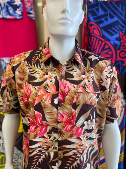 Short Sleeve Shirt - Chocolate Brown and Pink