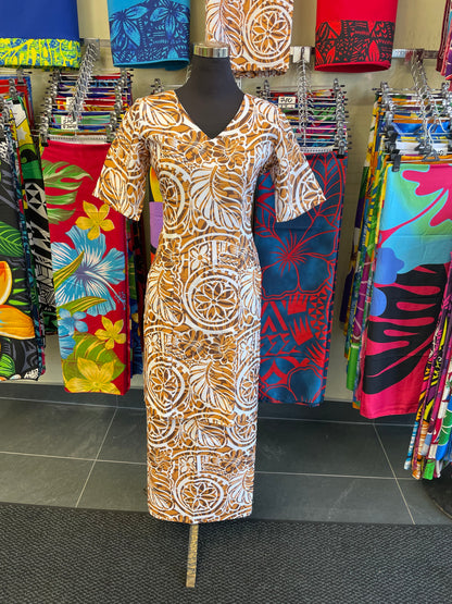 Elegant Brown & White Print Puletasi