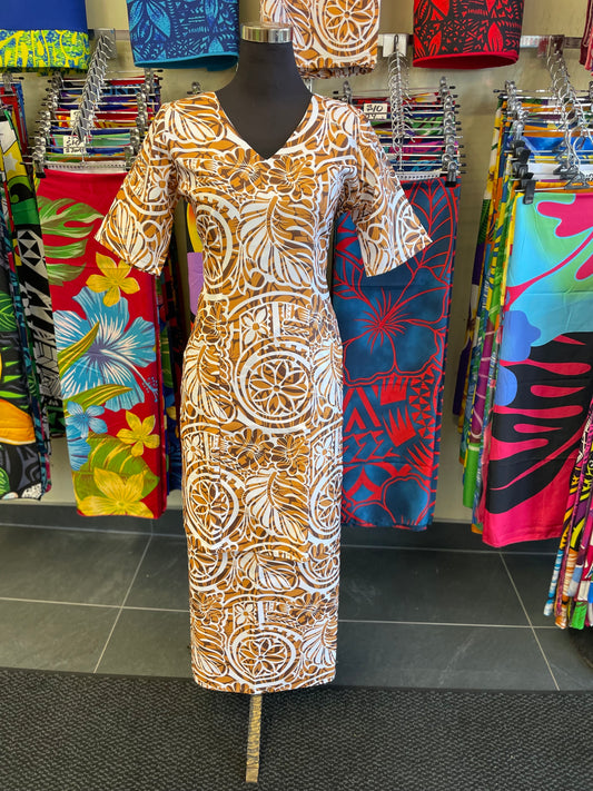 Elegant Brown & White Print Puletasi