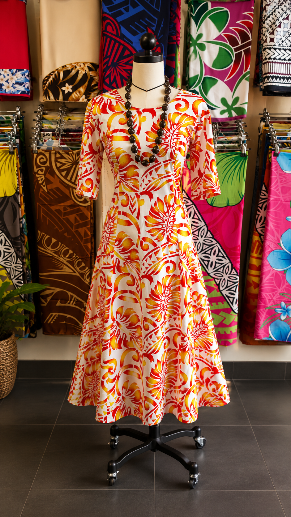 Island Bloom Cotton Dress – White & Sunset Orange