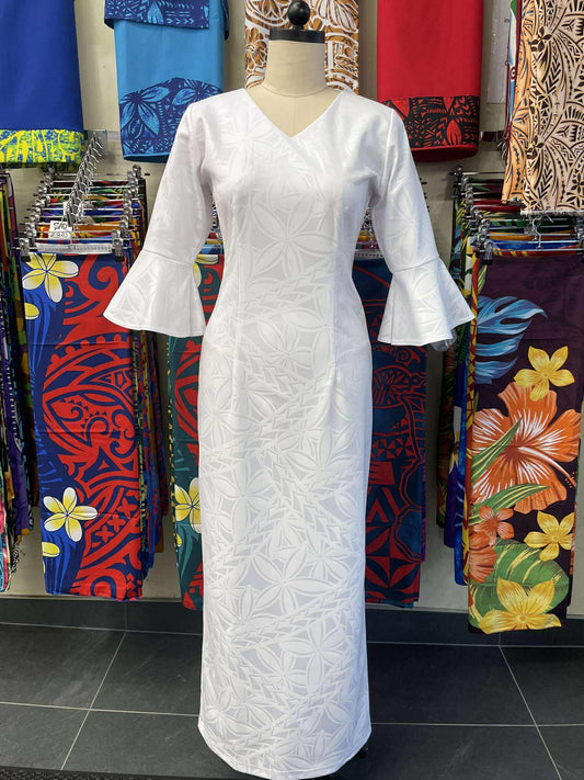 White Long Dress with Flare Sleeves and V-Neck
